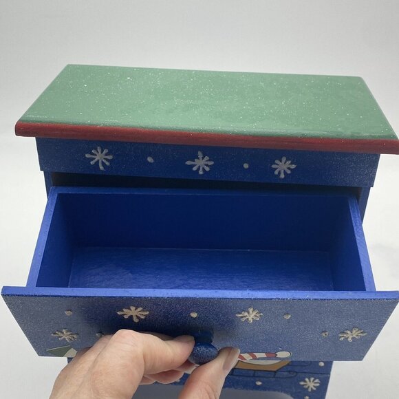 Christmas Winter Snowman Jewelry Box Trinket‎ Storage 2 Drawer Wood Chest Blue - Picture 4 of 11
